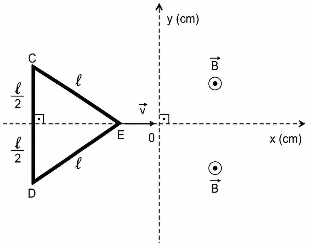 Triângulo equilátero CDE com vértice E apontando em +x, deslizando com velocidade v; para x>0, campo magnético B saindo do plano