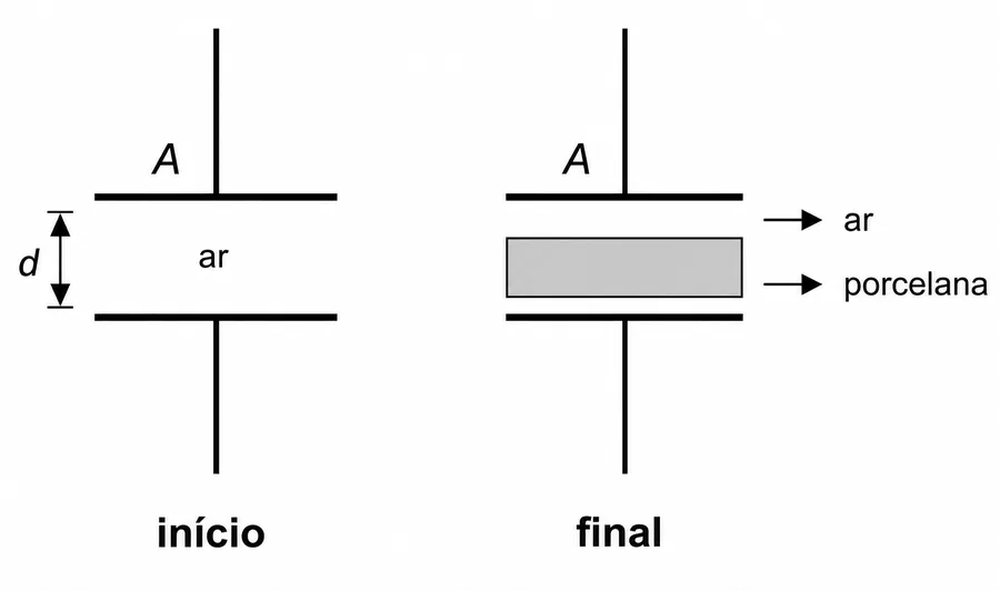Capacitor de placas paralelas antes e depois da inserção de uma placa de porcelana