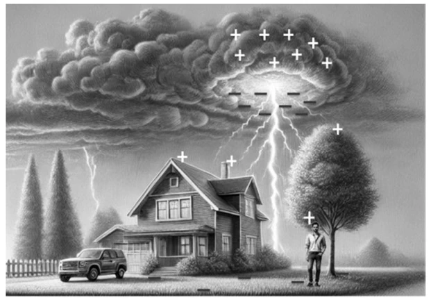 Esquema das cargas elétricas nuvem-solo durante tempestade e descarga de raio