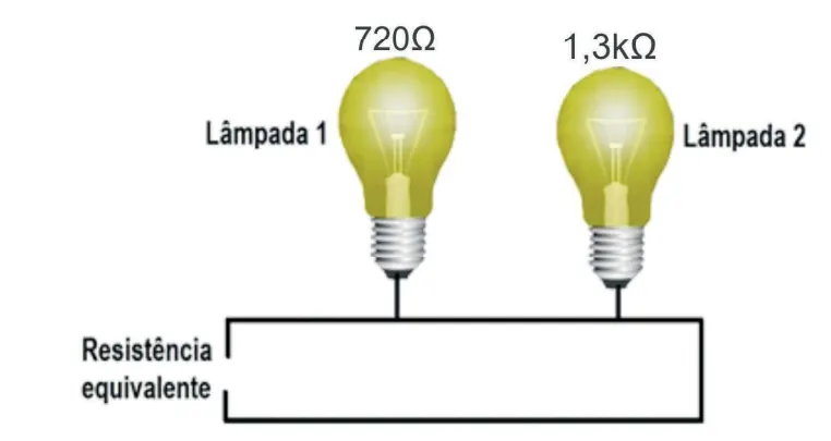 Circuito contendo duas lâmpadas ligadas em série. A lâmpada 1 possui 720 ohms e a lâmpada 2 possui 1,3 k-ohms