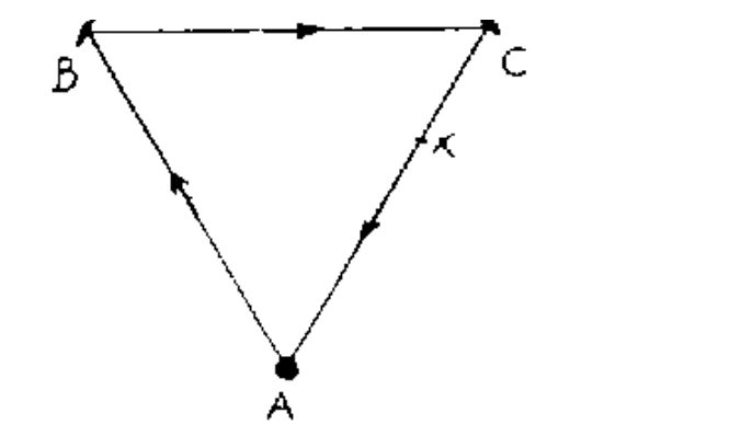 Pista triangular equilátera ABC e ponto X no lado CA