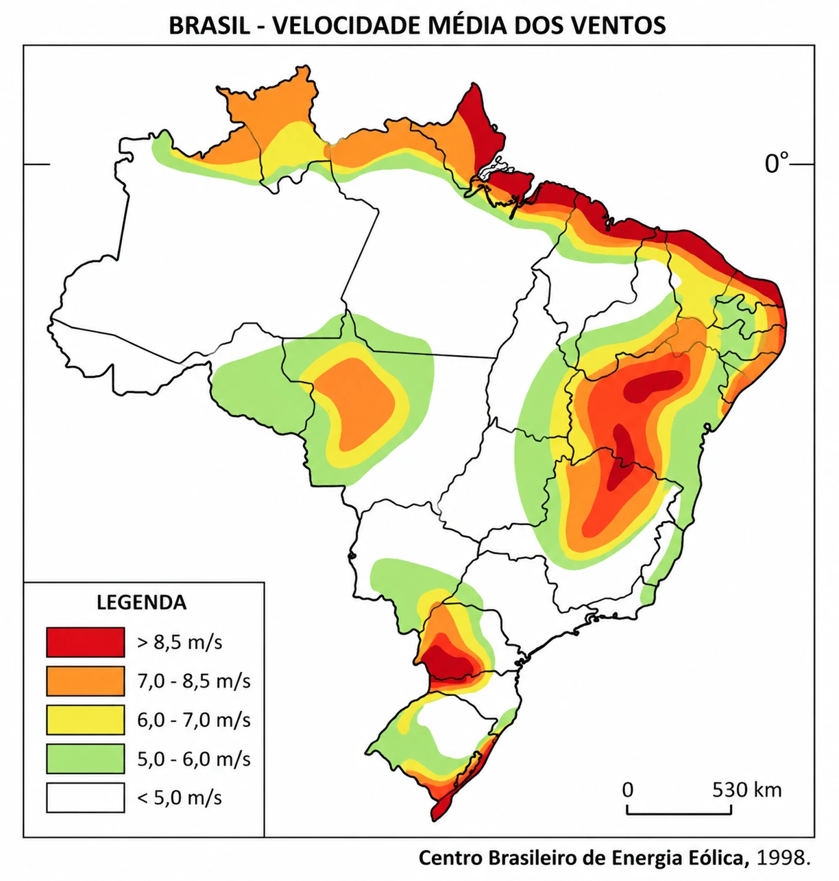 Mapa do Brasil com faixas de velocidade média dos ventos