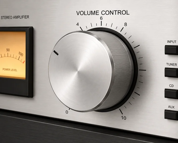 Botão prateado e rotativo do 'volume control' num amplificador amarelado sonoro hi-fi.