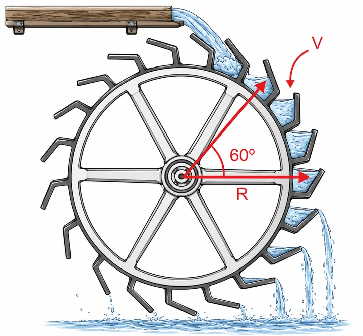 Roda d'água com calha acima jorrando em compartimentos dispostos em um raio num declive angular lateral.