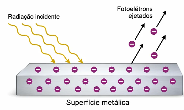 Esquema do efeito fotoelétrico: radiação incidente sobre uma superfície metálica ejeta fotoelétrons